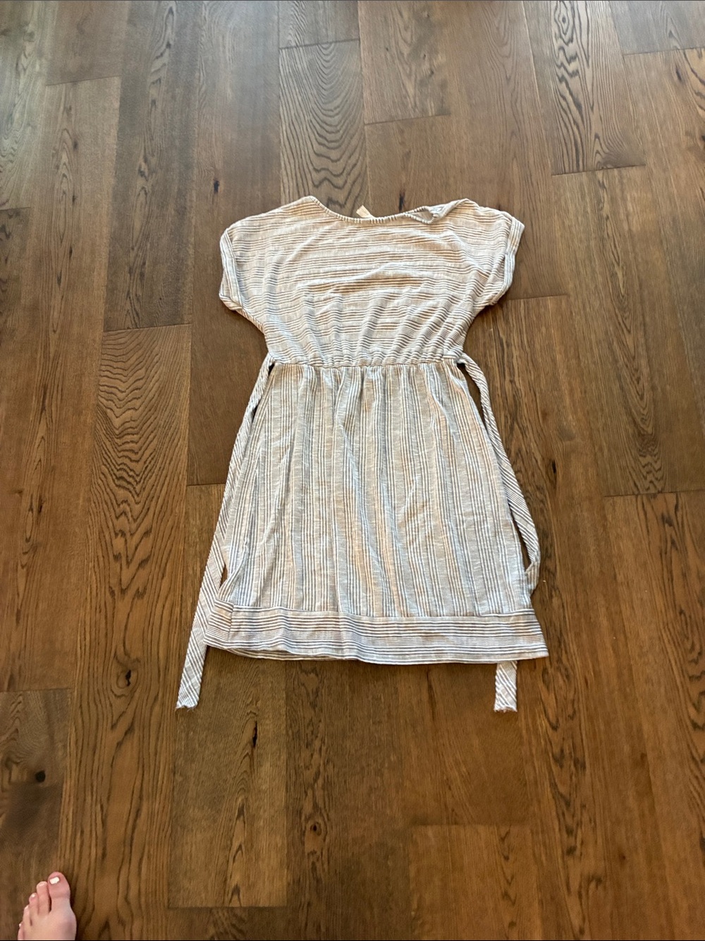 Caution To The Wind Striped Tie-Waist Kids Dress in Light Gray and White